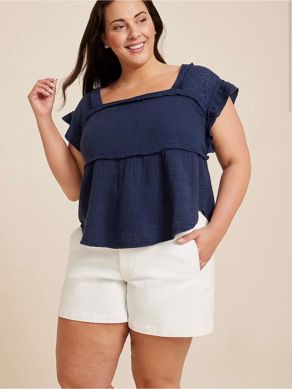 NWT Women’s Maurice’s Eyelet Short Sleeve Babydoll Blouse Navy Large